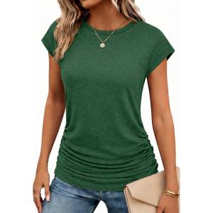 Zeagoo Women’s Cap Short Sleeve T-Shirts Ruched Crew Neck Trendy Fashion Tunic Blouse(2-green)