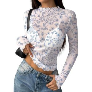 Zeagoo Womens Mesh Long Sleeve Tops Mock Neck Going Out See Through Shirts Sexy Sheer Blouses Clubwear S-XXL(Sf327)