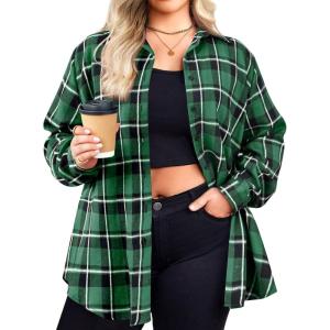 Zeagoo Womens Plus Size Flannel Shirts Plaid Shirts Long Sleeves Casual Button Down Collared Shacket Tops(A-green)