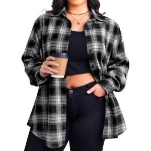 Zeagoo Womens Plus Size Flannel Shirts Plaid Shirts Long Sleeves Casual Button Down Collared Shacket Tops(Black)
