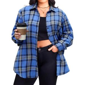 Zeagoo Womens Plus Size Flannel Shirts Plaid Shirts Long Sleeves Casual Button Down Collared Shacket Tops(Blue Black)
