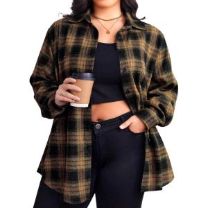 Zeagoo Womens Plus Size Flannel Shirts Plaid Shirts Long Sleeves Casual Button Down Collared Shacket Tops(B-yellow)