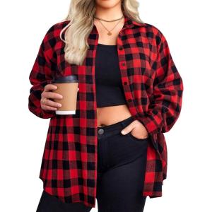 Zeagoo Womens Plus Size Flannel Shirts Plaid Shirts Long Sleeves Casual Button Down Collared Shacket Tops(C-red)