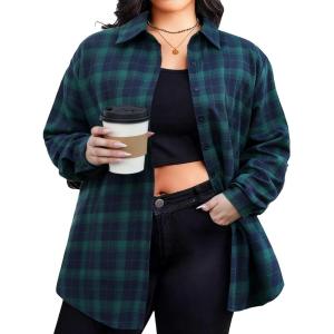Zeagoo Womens Plus Size Flannel Shirts Plaid Shirts Long Sleeves Casual Button Down Collared Shacket Tops(Green)