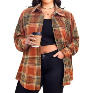 Zeagoo Womens Plus Size Flannel Shirts Plaid Shirts Long Sleeves Casual Button Down Collared Shacket Tops(Orange)