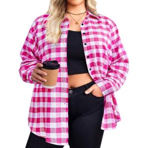 Zeagoo Womens Plus Size Flannel Shirts Plaid Shirts Long Sleeves Casual Button Down Collared Shacket Tops(Pink)