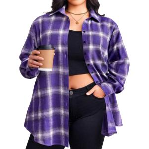 Zeagoo Womens Plus Size Flannel Shirts Plaid Shirts Long Sleeves Casual Button Down Collared Shacket Tops(Purple)