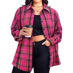 Zeagoo Womens Plus Size Flannel Shirts Plaid Shirts Long Sleeves Casual Button Down Collared Shacket Tops(Rose Pink)