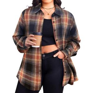 Zeagoo Womens Plus Size Flannel Shirts Plaid Shirts Long Sleeves Casual Button Down Collared Shacket Tops(Sandy Brown)