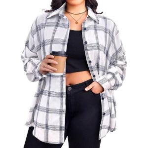 Zeagoo Womens Plus Size Flannel Shirts Plaid Shirts Long Sleeves Casual Button Down Collared Shacket Tops(White)