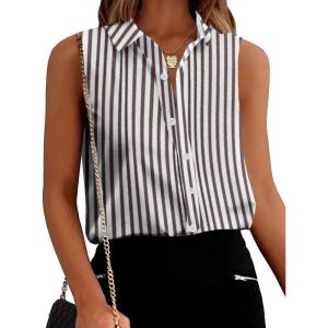 Zeagoo Women’s Sleeveless Blouses Stripe Button Down Shirts Collared Tank Top V Neck Work Shirt