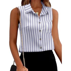 Zeagoo Womens Sleeveless Button Down Shirts V Neck Solid Tank Tops Basic Loose Blouses Casual Office Shirts(Stripe-tw220)