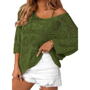 Zeagoo Women’s Summer Crochet Off the Shoulder Hollow Out Knit Tops 2026 V Neck 3/4 Sleeve Sweater Top(Army Green)