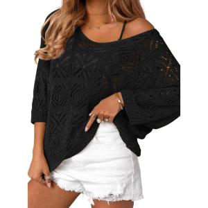 Zeagoo Women’s Summer Crochet Off the Shoulder Hollow Out Knit Tops 2026 V Neck 3/4 Sleeve Sweater Top(Black)