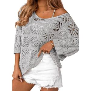 Zeagoo Women’s Summer Crochet Off the Shoulder Hollow Out Knit Tops 2026 V Neck 3/4 Sleeve Sweater Top(Grey)