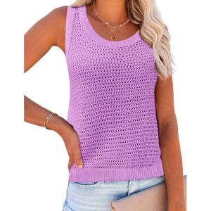 Zeagoo Womens Summer Crochet Sleeveless Sweater Vest Round Neck Hollow Out Knit Tank Tops Casual Loose Cami Tops(Purple)