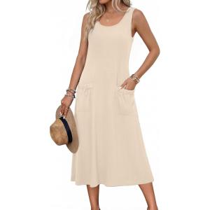 Zeagoo Womens Summer Midi Dresses 2026 Casual Sleeveless Tank Sundresses A Line Crewneck Beach Vacation Dress with Pockets(Beige-wa)