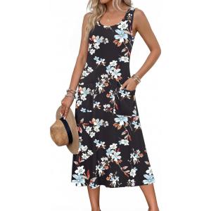 Zeagoo Womens Summer Midi Dresses 2026 Casual Sleeveless Tank Sundresses A Line Crewneck Beach Vacation Dress with Pockets(Black Floral-pa104)