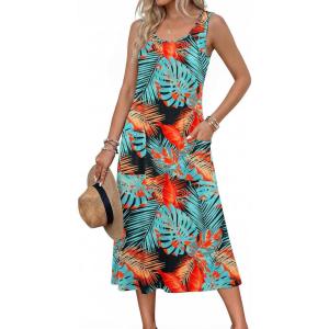Zeagoo Womens Summer Midi Dresses 2026 Casual Sleeveless Tank Sundresses A Line Crewneck Beach Vacation Dress with Pockets(Blue Floral Leaf-pa116)