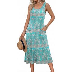 Zeagoo Womens Summer Midi Dresses 2026 Casual Sleeveless Tank Sundresses A Line Crewneck Beach Vacation Dress with Pockets(Blue Pattern-pa169)