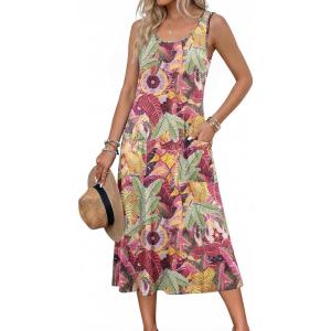Zeagoo Womens Summer Midi Dresses 2026 Casual Sleeveless Tank Sundresses A Line Crewneck Beach Vacation Dress with Pockets(Green Leaf-zw392)