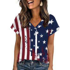 Zeagoo Womens Summer Tops Rolled Short Sleeve V Neck Shirts Casual Dressy Business Work Blouses Outfits(Flag-gq41)