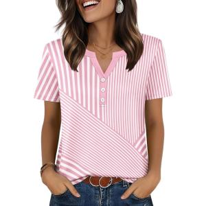 Zeagoo Womens Summer Tops V Neck Short Sleeve Shirts Dressy Casual Blouse Spring Vacation Tshirts Clothes(Pink Stripes)