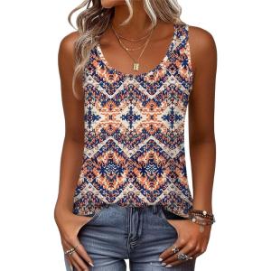 Zeagoo Womens Tank Tops Flowy Loose Fit Scoop Neck Casual Summer Tops Curvy Hem(Orange Boho)