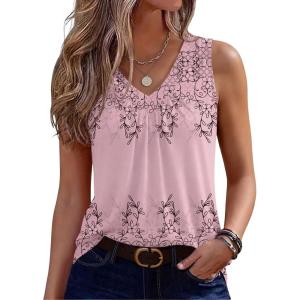 Zeagoo Womens Tank Tops Summer Sleeveless Loose Fit Tops V Neck Pleated Shirts Basic Tees Dressy Casual Trendy Clothes(Sf190-pink)