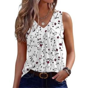 Zeagoo Womens Tank Tops Summer Sleeveless Loose Fit Tops V Neck Pleated Shirts Basic Tees Dressy Casual Trendy Clothes(Sf224-white Flower)