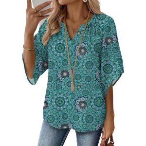 Zeagoo Womens Tops 3/4 Sleeve V Neck Bohemian Blouses Casual Loose Fit Tunic Boho Shirts Floral Printed Clothes(Blue Floral Mz858)