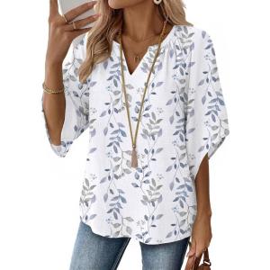 Zeagoo Womens Tops 3/4 Sleeve V Neck Bohemian Blouses Casual Loose Fit Tunic Boho Shirts Floral Printed Clothes(Blue Leaf Sp106)