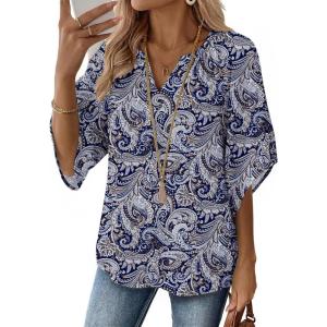 Zeagoo Womens Tops 3/4 Sleeve V Neck Bohemian Blouses Casual Loose Fit Tunic Boho Shirts Floral Printed Clothes(Blue Pattern Mz473)