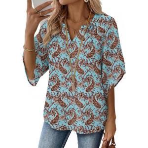 Zeagoo Womens Tops 3/4 Sleeve V Neck Bohemian Blouses Casual Loose Fit Tunic Boho Shirts Floral Printed Clothes(Boho Multicolo Mz899)