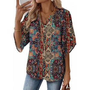 Zeagoo Womens Tops 3/4 Sleeve V Neck Bohemian Blouses Casual Loose Fit Tunic Boho Shirts Floral Printed Clothes(Boho Multicolor Mz721)