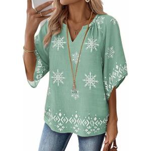 Zeagoo Womens Tops 3/4 Sleeve V Neck Bohemian Blouses Casual Loose Fit Tunic Boho Shirts Floral Printed Clothes(Light Green Mz915)