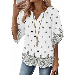 Zeagoo Womens Tops 3/4 Sleeve V Neck Bohemian Blouses Casual Loose Fit Tunic Boho Shirts Floral Printed Clothes(Multi Apricot Mz920)