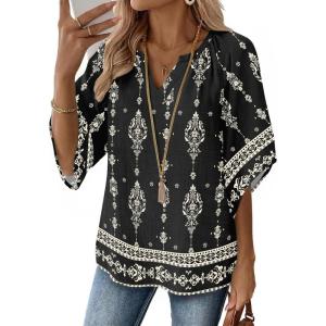 Zeagoo Womens Tops 3/4 Sleeve V Neck Bohemian Blouses Casual Loose Fit Tunic Boho Shirts Floral Printed Clothes(Multi Black Mz921)