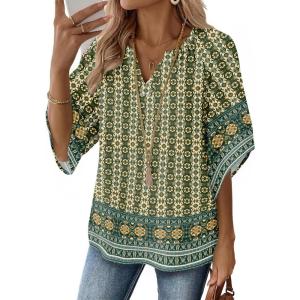 Zeagoo Womens Tops 3/4 Sleeve V Neck Bohemian Blouses Casual Loose Fit Tunic Boho Shirts Floral Printed Clothes(Multi Blue Mz925)