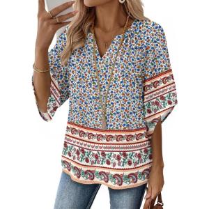 Zeagoo Womens Tops 3/4 Sleeve V Neck Bohemian Blouses Casual Loose Fit Tunic Boho Shirts Floral Printed Clothes(Multi Floral Mz914)