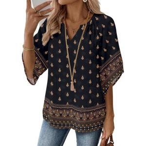 Zeagoo Womens Tops 3/4 Sleeve V Neck Bohemian Blouses Casual Loose Fit Tunic Boho Shirts Floral Printed Clothes(Multicolor Black Mz930)