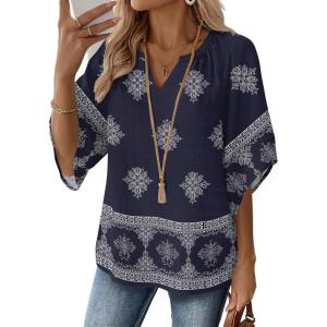 Zeagoo Womens Tops 3/4 Sleeve V Neck Bohemian Blouses Casual Loose Fit Tunic Boho Shirts Floral Printed Clothes(Navy Blue Mz918)
