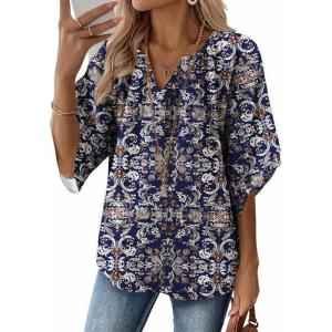 Zeagoo Womens Tops 3/4 Sleeve V Neck Bohemian Blouses Casual Loose Fit Tunic Boho Shirts Floral Printed Clothes(Navy Floral Mz869)