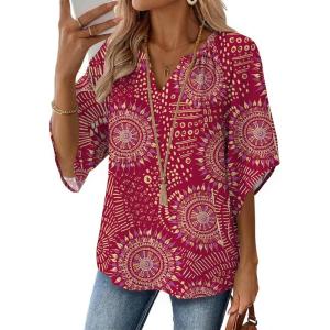 Zeagoo Womens Tops 3/4 Sleeve V Neck Bohemian Blouses Casual Loose Fit Tunic Boho Shirts Floral Printed Clothes(Pink Boho Cx320)