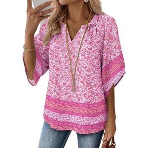 Zeagoo Womens Tops 3/4 Sleeve V Neck Bohemian Blouses Casual Loose Fit Tunic Boho Shirts Floral Printed Clothes(Pink Floral Mz744)