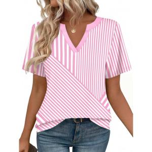Zeagoo Womens Tops Short Sleeve V Neck Tee Shirts Cute Dressy Casual Clothing Business Work Blouse(Pink and White Stripes Tz300)