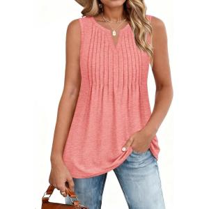 Zeagoo Womens Tops Summer Pleated Sleeveless Tank Top V Neck Dressy Casual Flowy Boho Tunic Shirts(Coral)