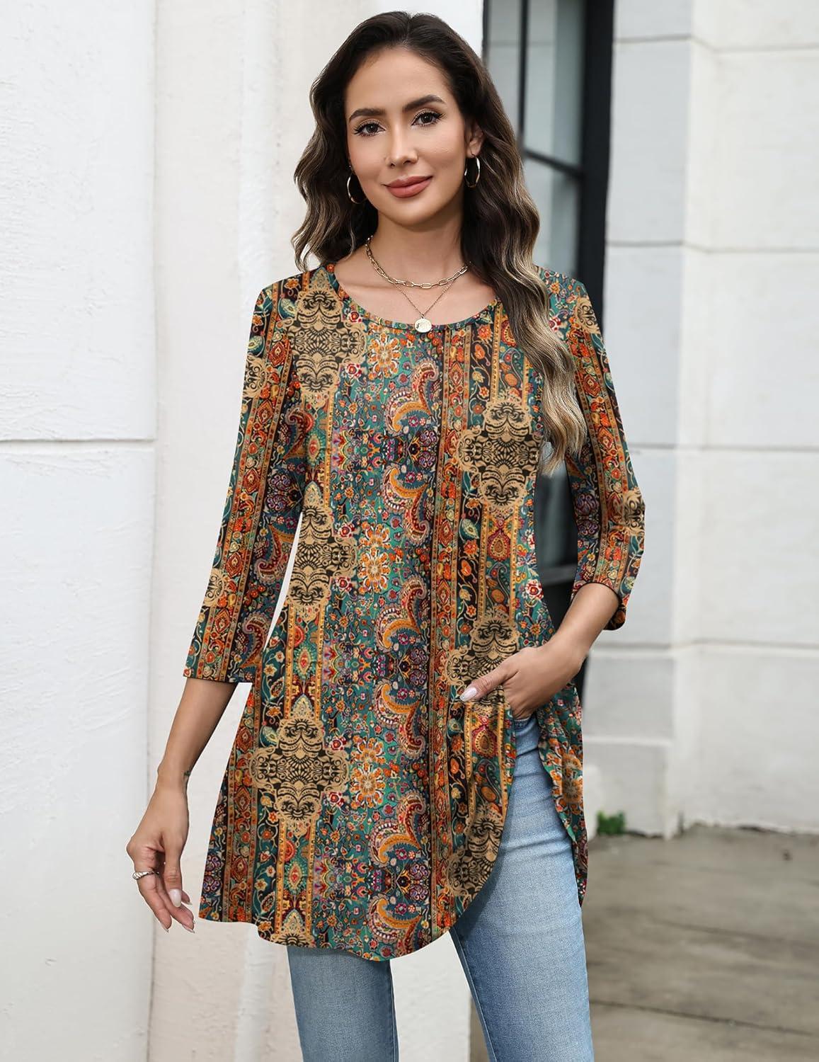 imageZeagoo Boho Tops For Womens Round Neck 34 Sleeve Loose Fit Casual Blouse For Spring Summer Fashion Tunic Tops