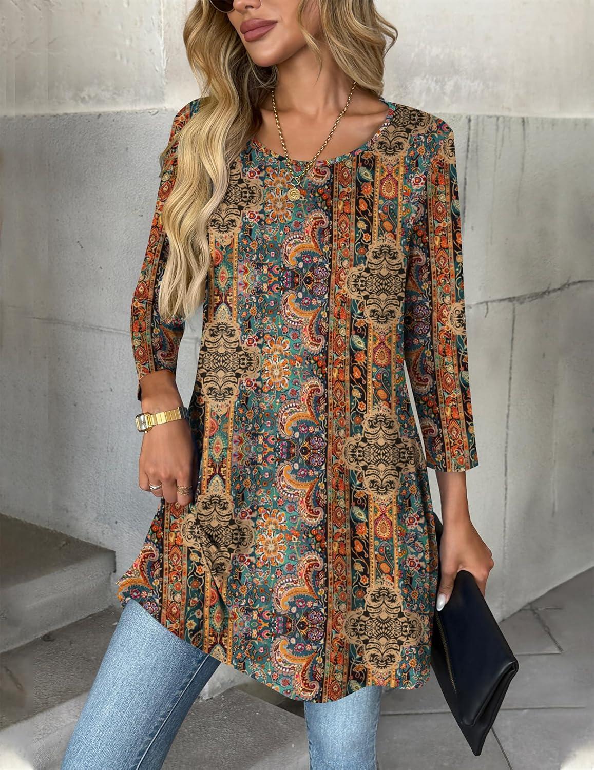 imageZeagoo Boho Tops For Womens Round Neck 34 Sleeve Loose Fit Casual Blouse For Spring Summer Fashion Tunic Tops