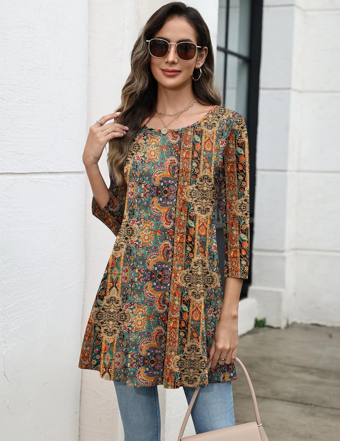 imageZeagoo Boho Tops For Womens Round Neck 34 Sleeve Loose Fit Casual Blouse For Spring Summer Fashion Tunic Tops